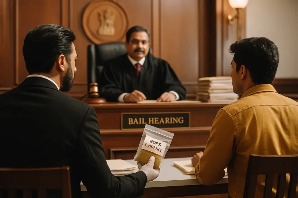 Indian lawyer and accused seeking NDPS bail in courtroom before judge with evidence files