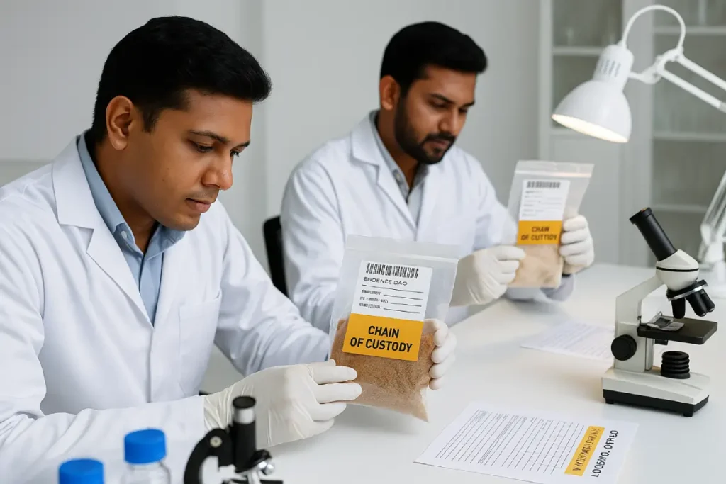 Indian forensic experts analyzing NDPS drug evidence and custody forms in white lab setting