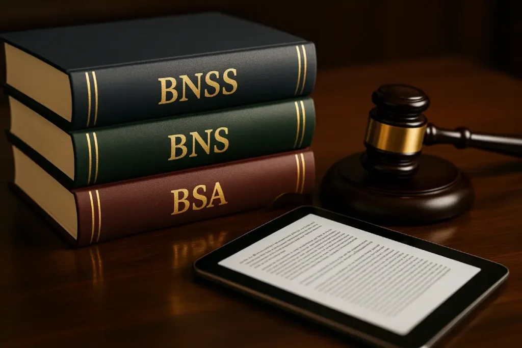 BNSS BNS BSA law books with gavel and tablet, symbolizing criminal law reform in India