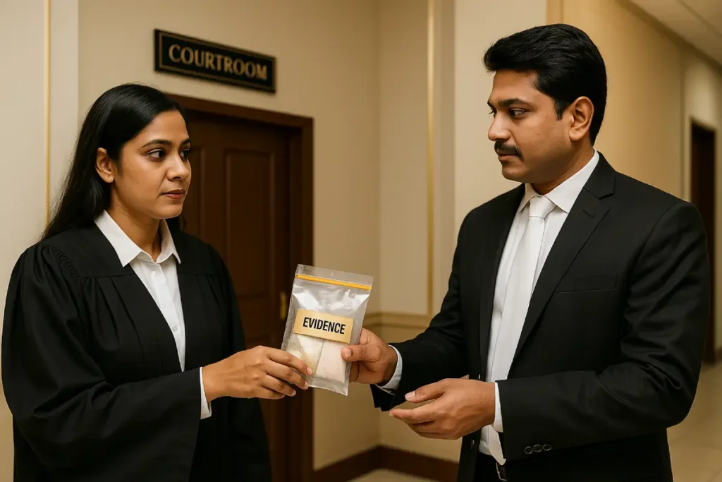 Lawyer handing sealed NDPS evidence to magistrate outside courtroom, legal procedure in India