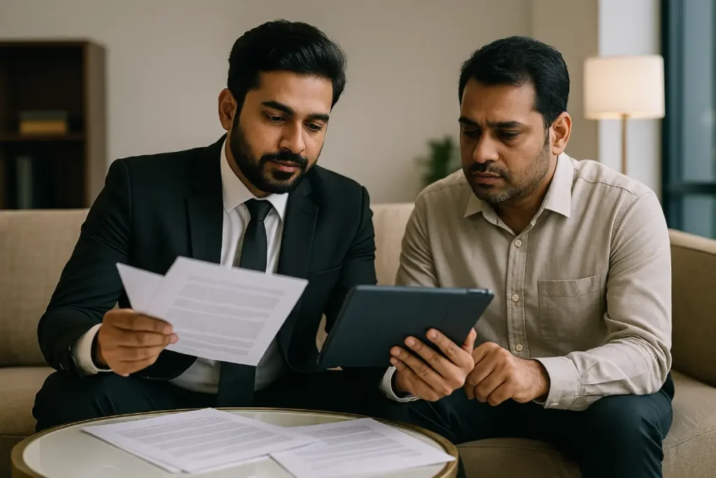  Indian lawyer and client review NDPS case documents on tablet in modern Bangalore office