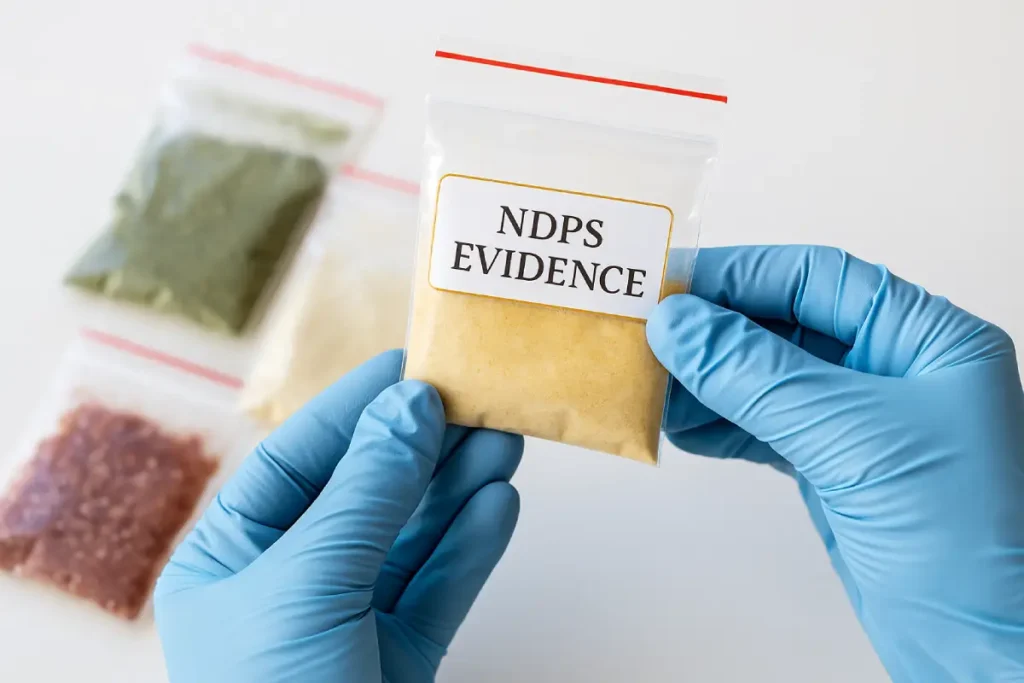 NDPS evidence bag with colored powder held in gloves, showing drug possession under NDPS Act