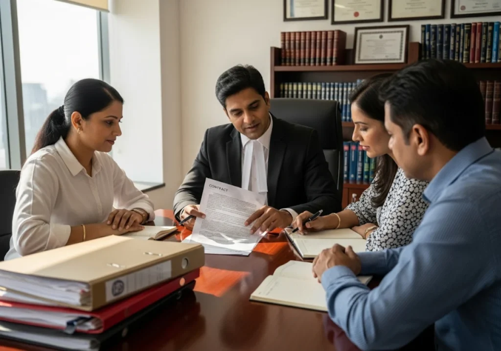Indian civil advocate meeting clients over contract document in conference room