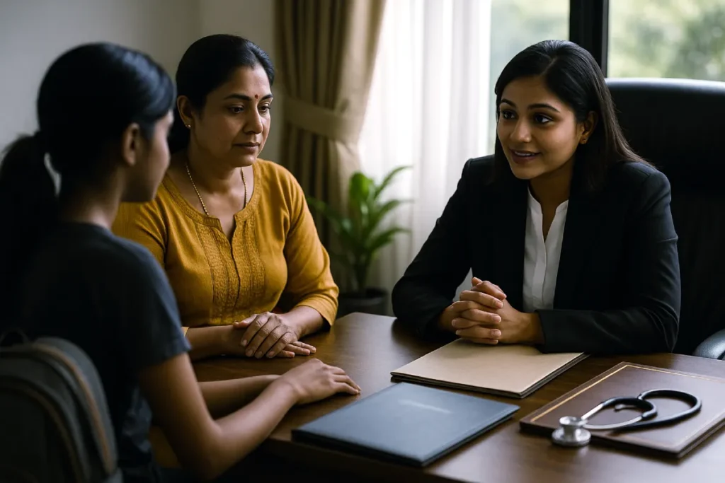 Mother and lawyer discussing consequences of child marriage with teen daughter
