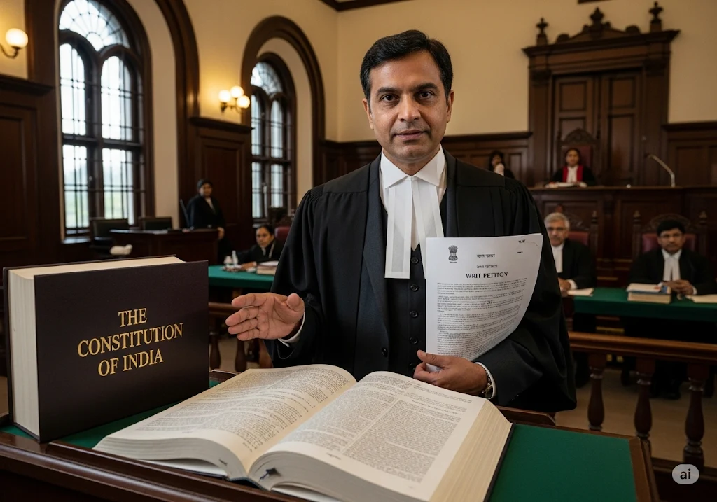 Indian constitutional lawyer presenting writ petition with Constitution text visible