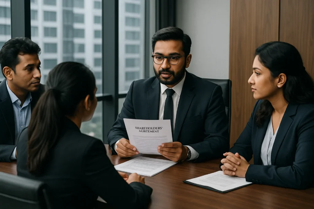 Indian corporate lawyer discussing shareholders’ agreement in sleek boardroom