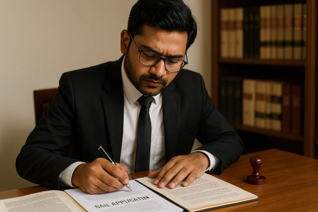 Indian criminal lawyer reviewing bail application with legal briefs and stamp