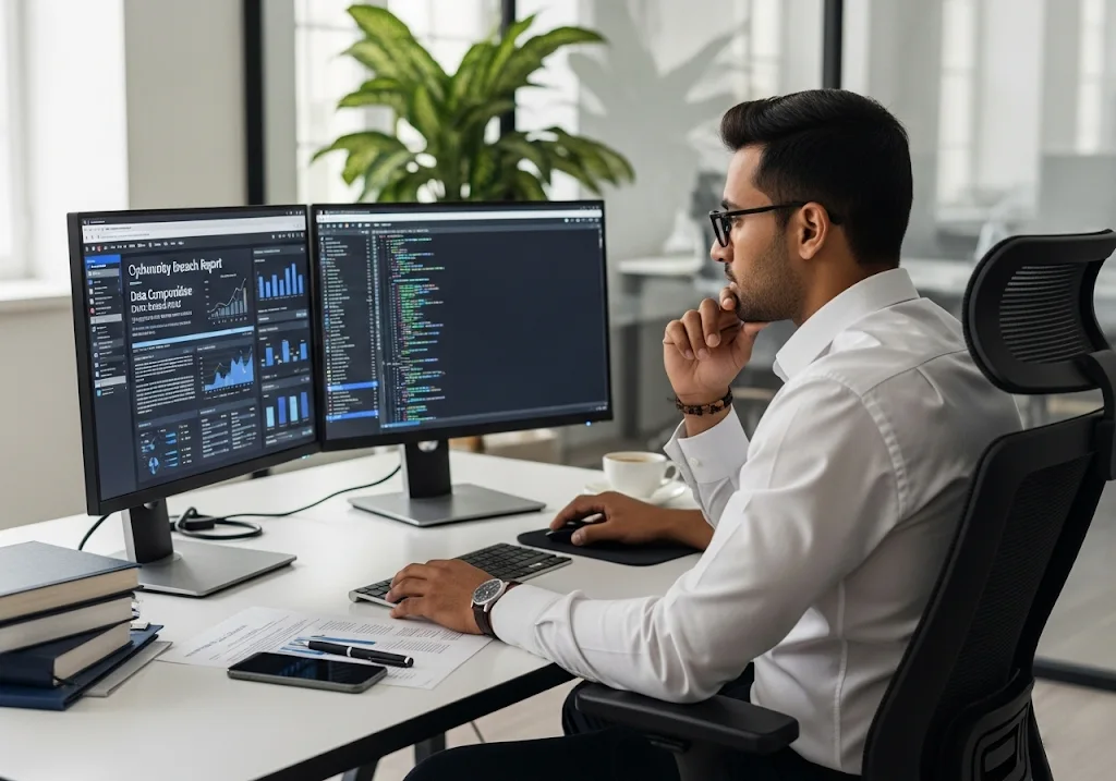 Indian cyber lawyer reviewing cybersecurity breach reports on dual monitors