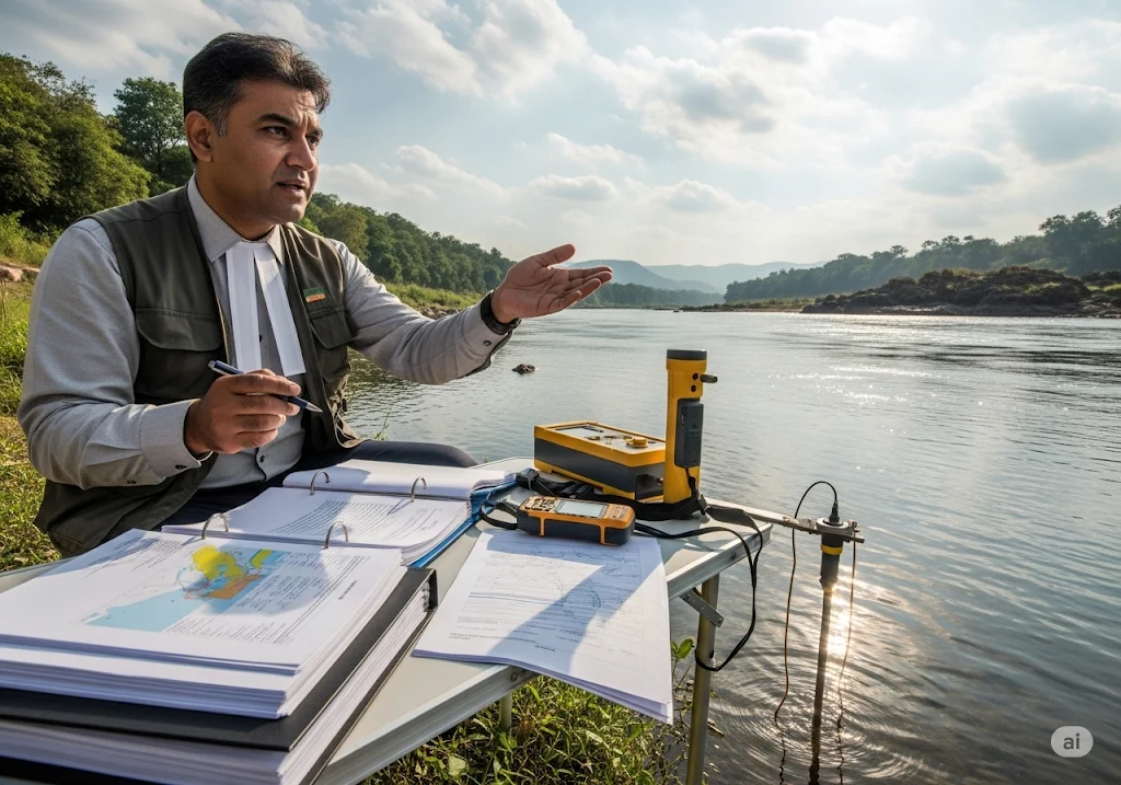 Indian environmental lawyer conducting impact assessment by river with binders