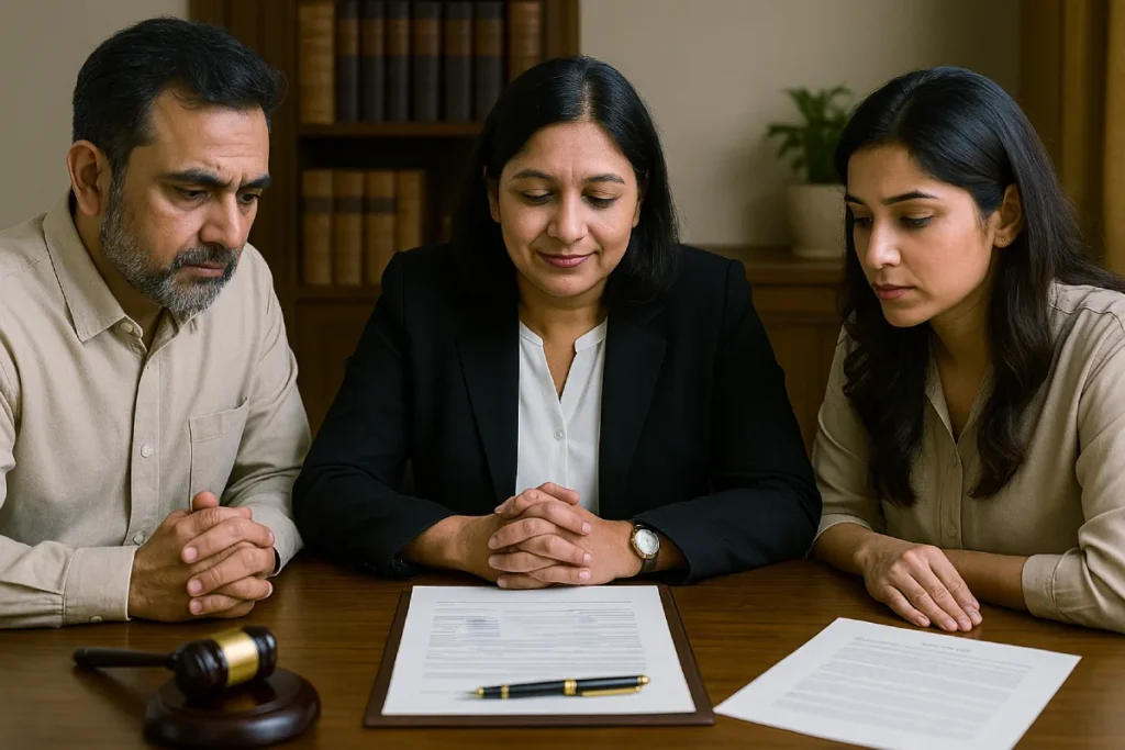 Indian family lawyer mediating divorce settlement with clients at desk