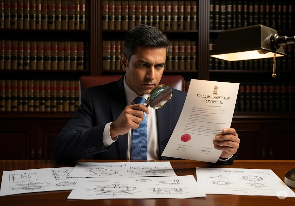 Indian IP attorney inspecting trademark certificate and patent drawings