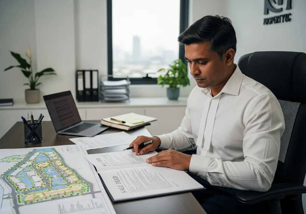 Indian property lawyer examining sale deed and site plan at development office