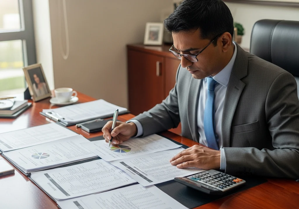 Indian tax lawyer analyzing financial charts and income tax returns on desk