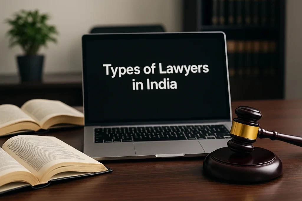 Modern law office desk with gavel, books, laptop titled 'Types of lawyers in India